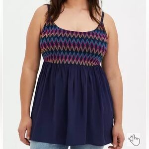 Torrid Babydoll Challis Embroidered Smocked Cami